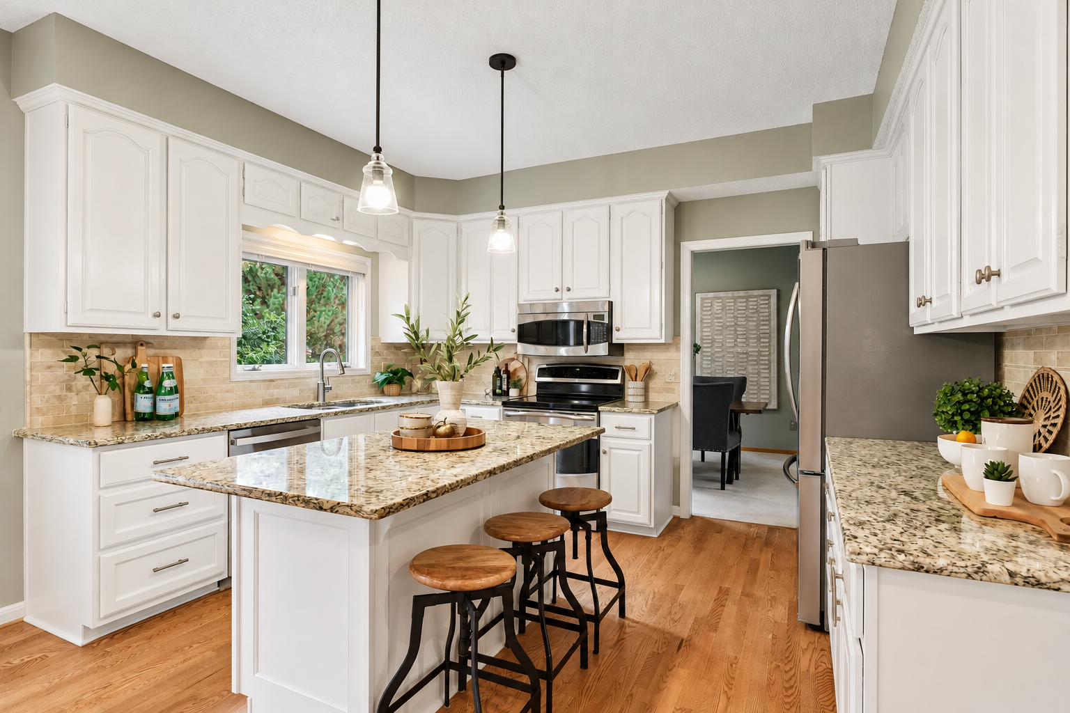 Photo has been digitally enhanced to illustrate how the kitchen could look with white enameled cabinetry.