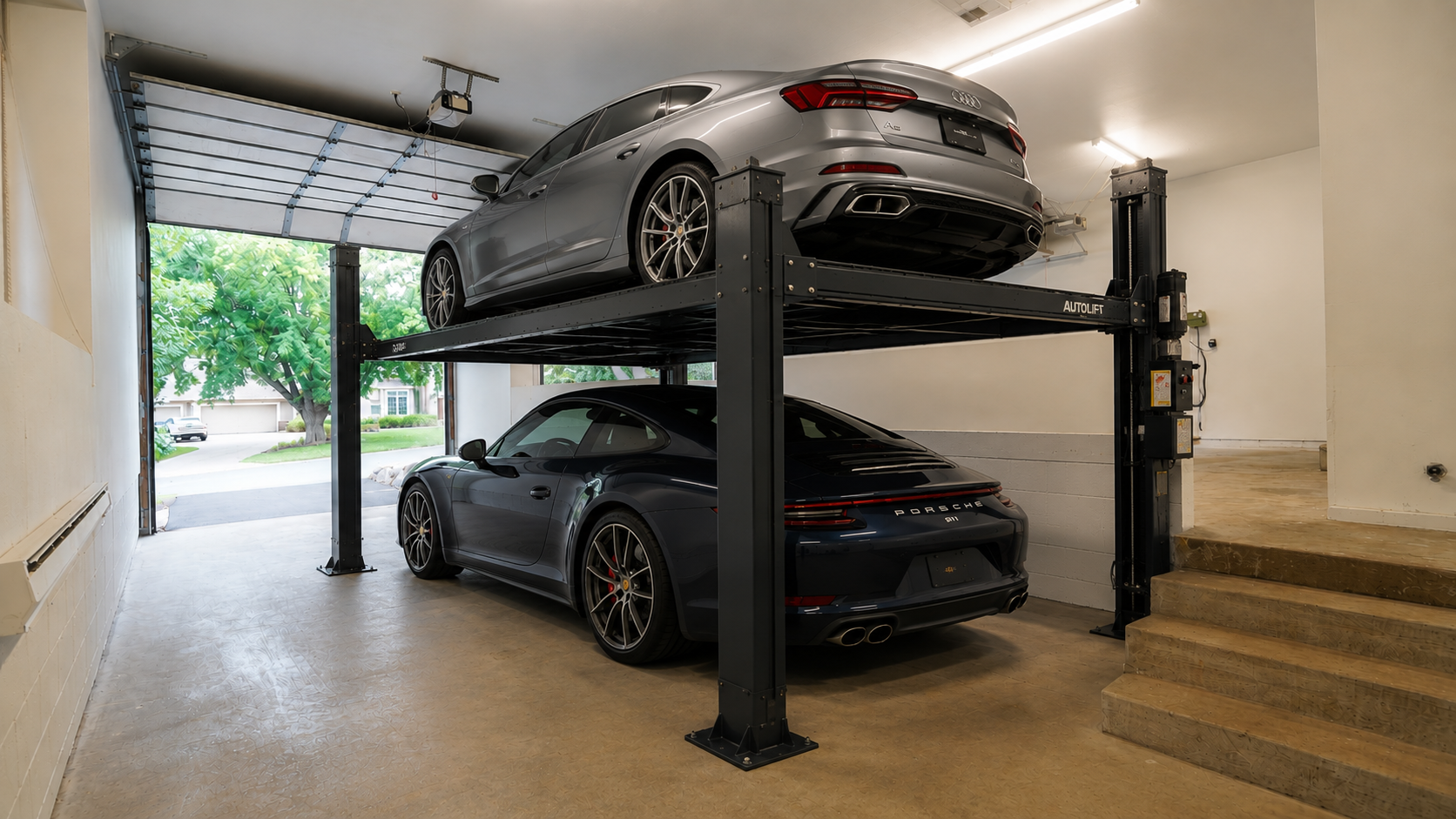 The oversized third garage stall is virtually staged with a car lift to generally show the large capacity and one potential use of this versatile space.