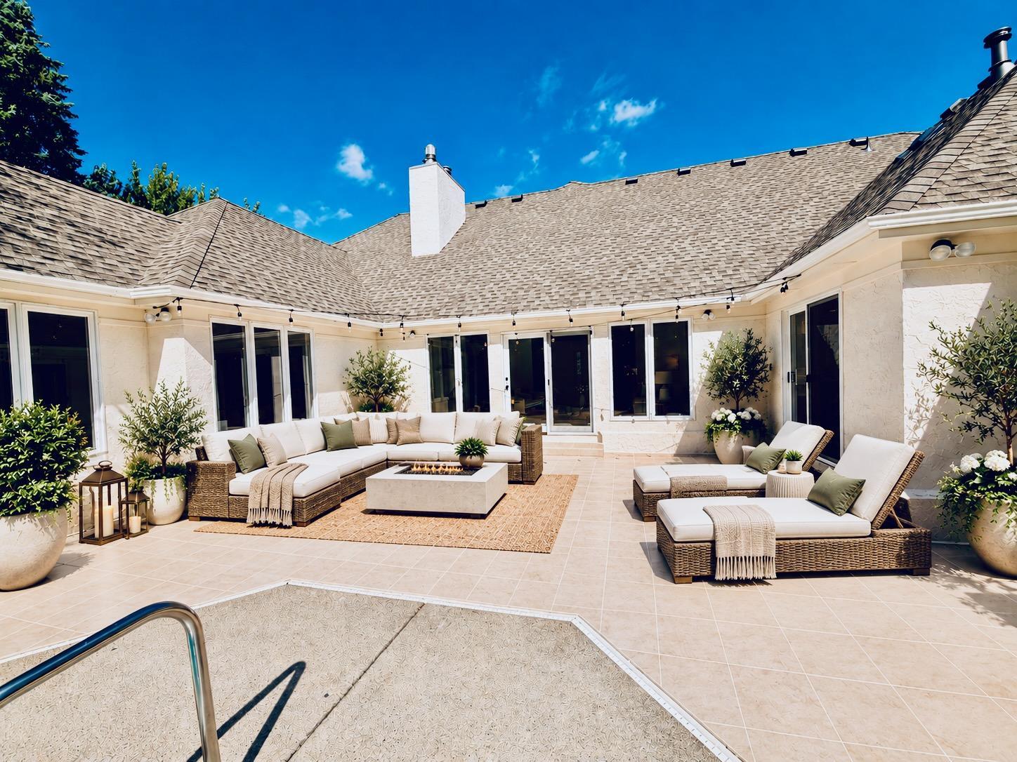 The generously sized patio is virtually staged in early afternoon full sun with a large sectional couch and oversized chaise lounges. This alternative shows there is ample room for a wide variety of furniture and uses.
