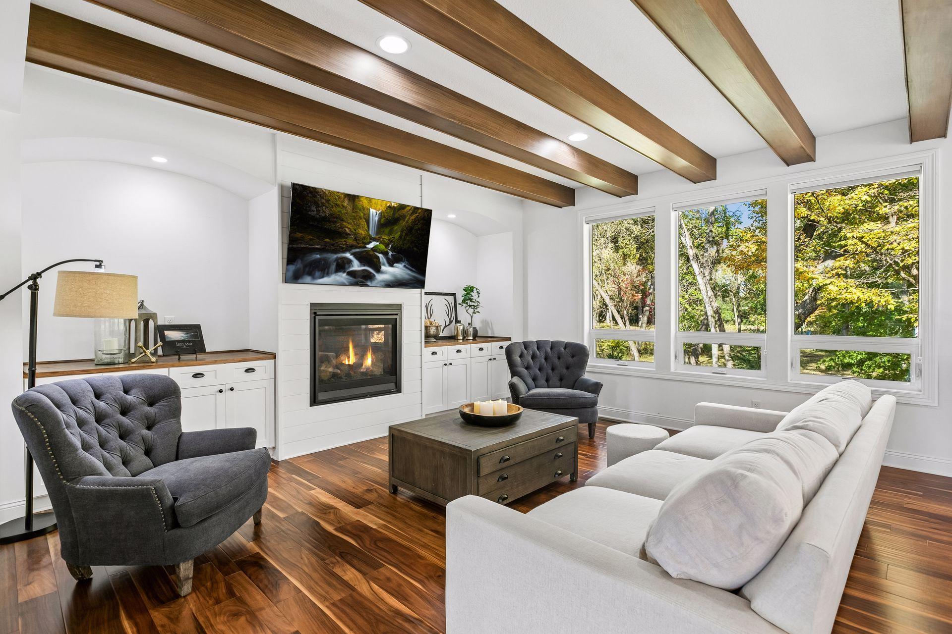 Gas fireplace and built-ins add warmth and convenient storage.