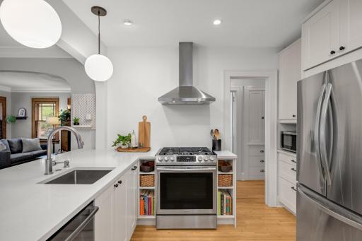 Range hood and counter space complement the stove
