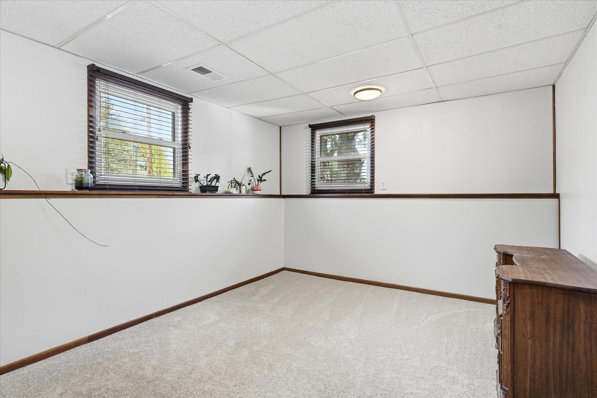 Generously sized lower-level bedroom #3 with new carpet, multiple windows providing natural light, and plenty of space for bedroom furniture or a home office setup.