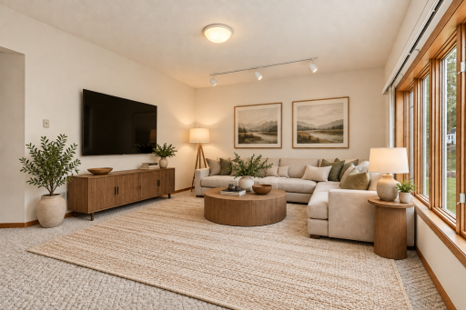 Expansive lower-level family room provides even more room to relax, entertain, or spread out! (Image virtually staged)