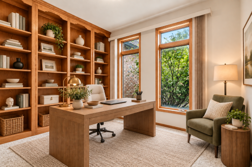 Built-in shelving adds character and functionality to this versatile main-level den! (Image virtually staged)