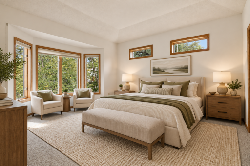 Unwind in the oversized primary bedroom, where new carpet and abundant natural light create a bright, inviting retreat (Image virtually staged)