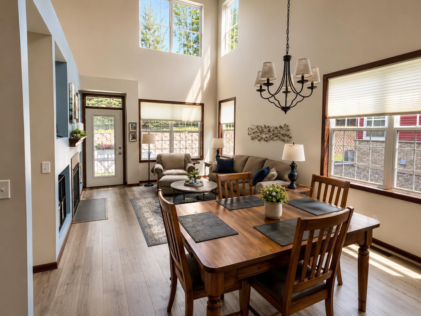 Spacious kitchen flows into the dining and living areas with soaring ceilings.