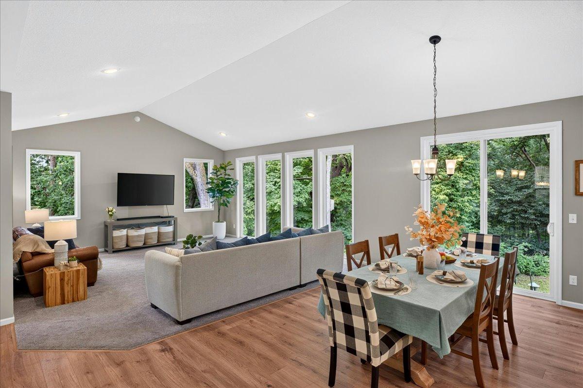 Dining space and living room.
