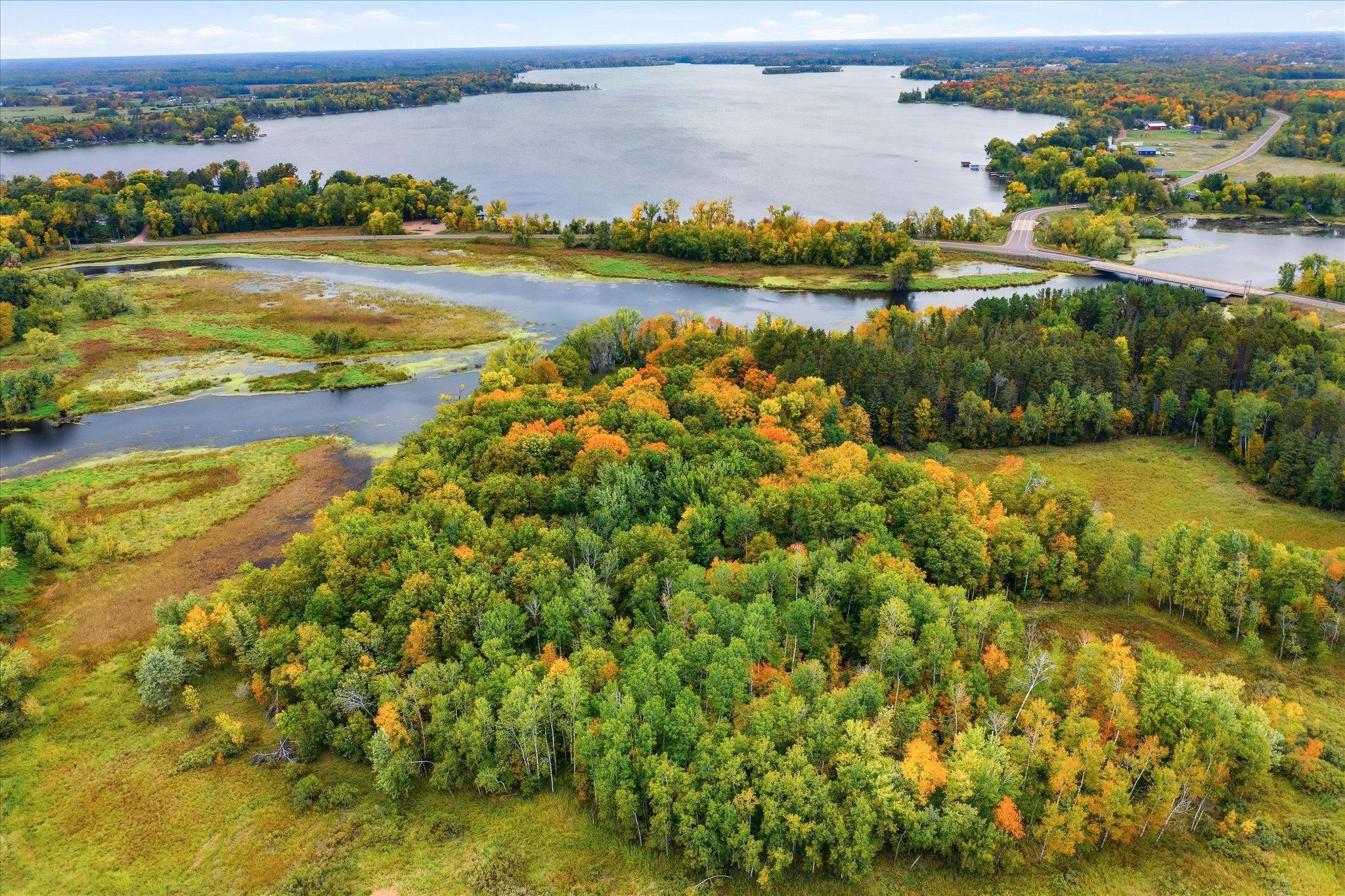 Overhead view of the land, river and Pokegama Lake