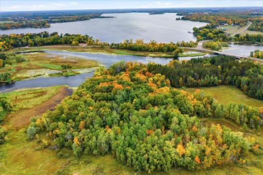 Overhead view of the land, river and Pokegama Lake