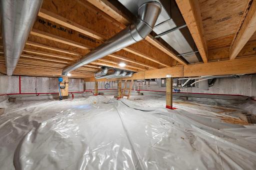 Crawl space accessible through trap door under staircase.