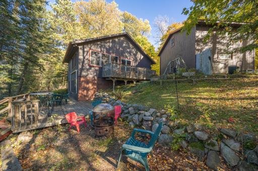 Lakeside views of cabin and seating areas