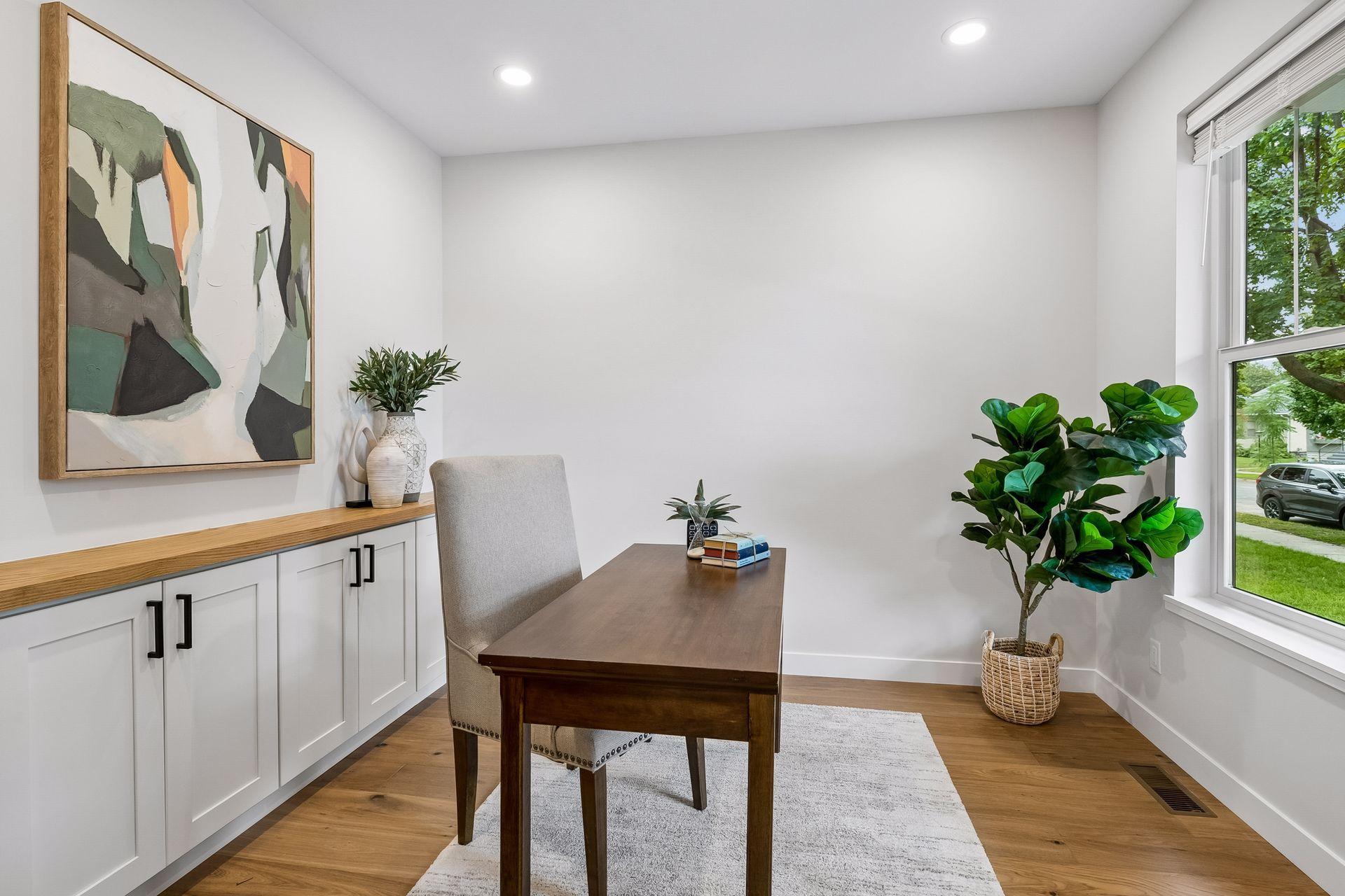 Main floor office with front view and built-in storage