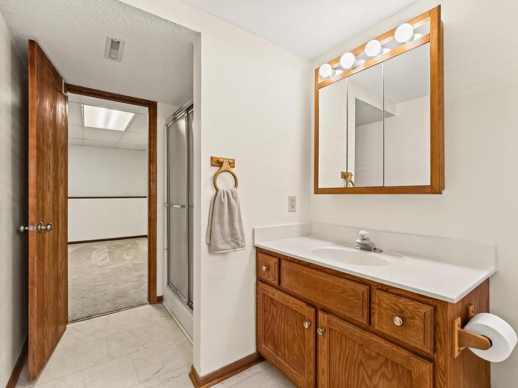 Lower level updated 3/4 bathroom with walk-in shower
