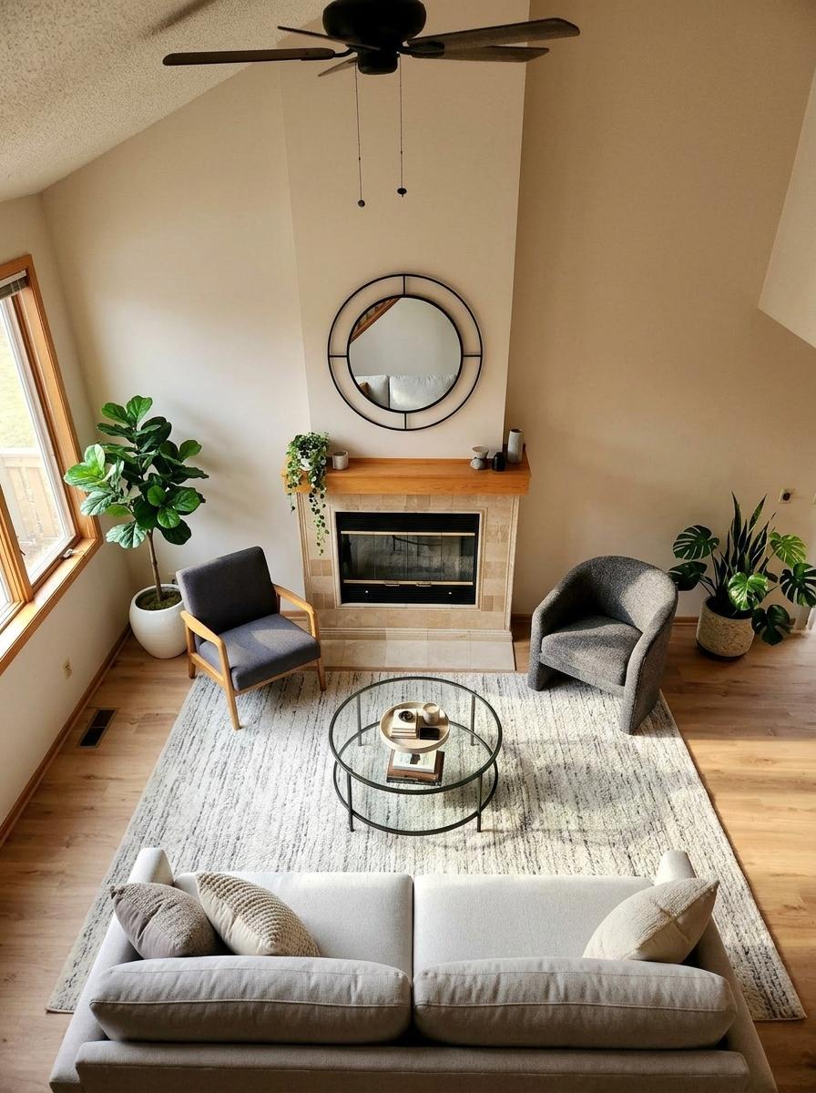View of Staged living room from loft