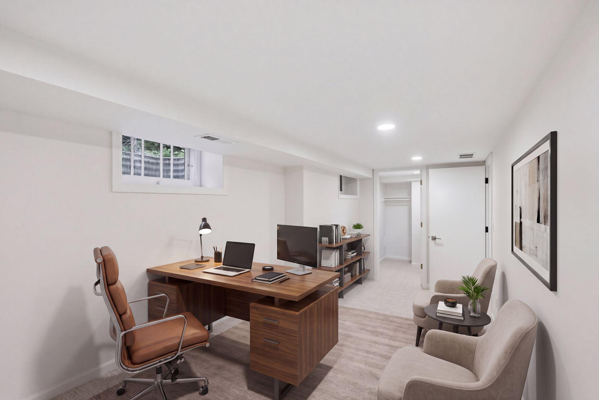 This photo is virtually staged. Lower level office or 4th non conforming bedroom with huge walk in closet, 3/4 bath just steps outside the door.
