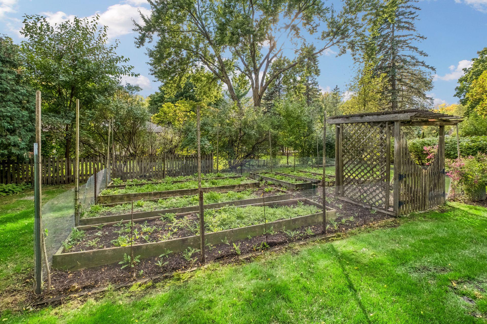Raised garden beds with gated entrance