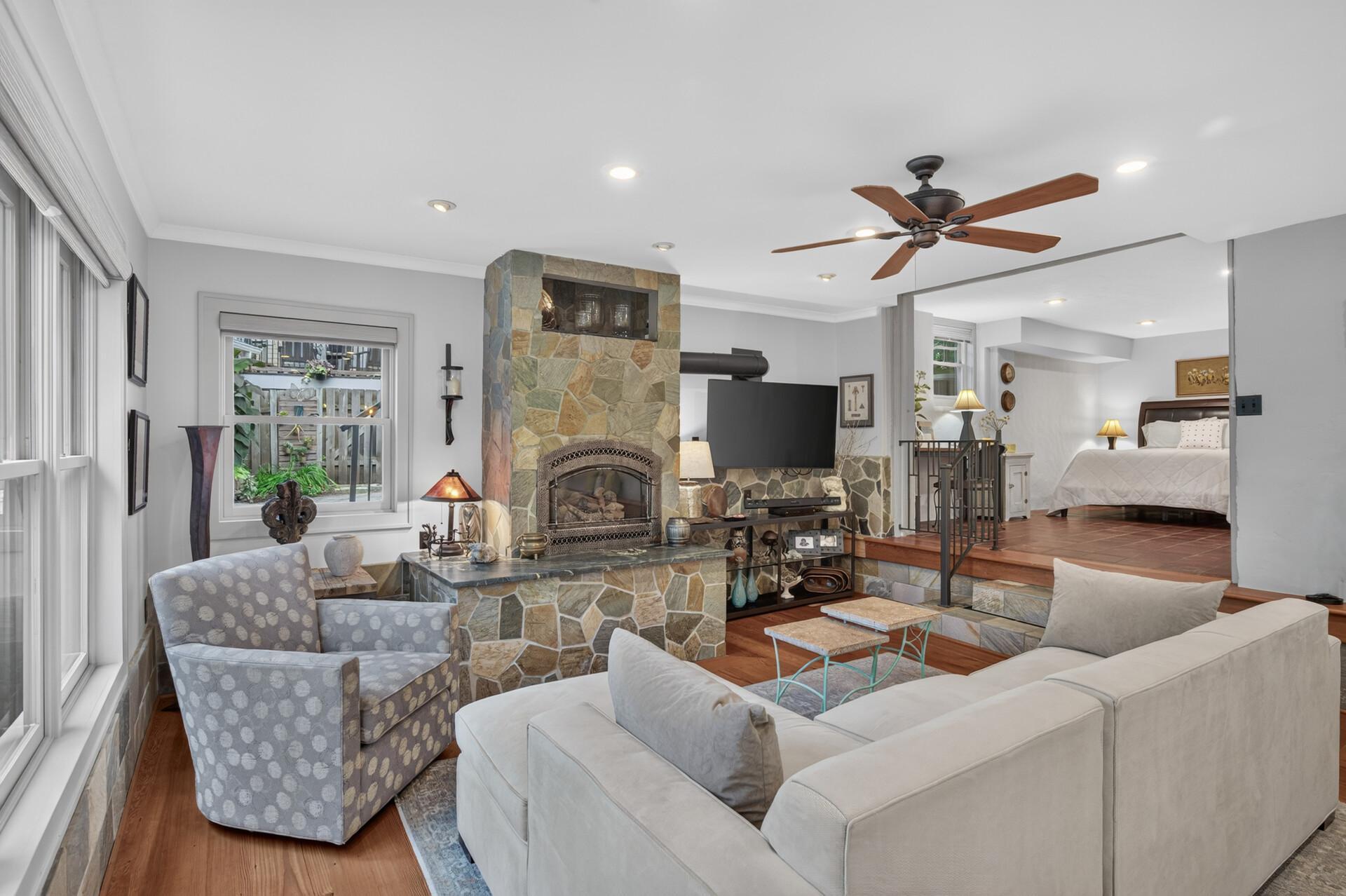 Generous family room offers comfortable living and entertaining space.