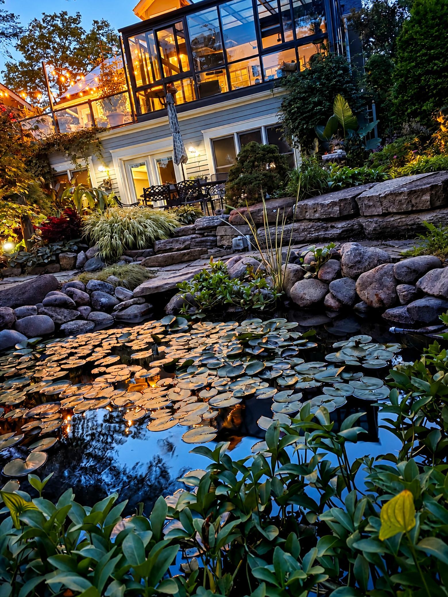 Twilight view of the rear gardens and pond with the illuminated four-season solarium overlooking the back gardens.