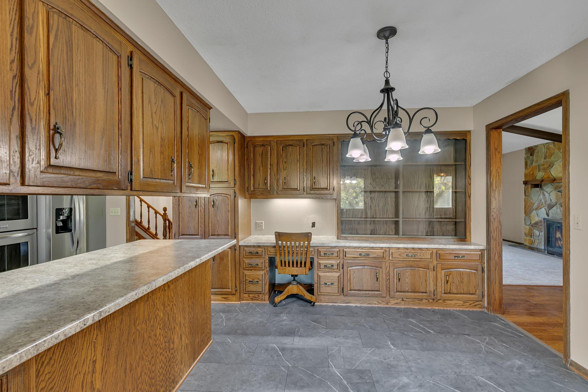 Full wall of built-ins in the informal dining