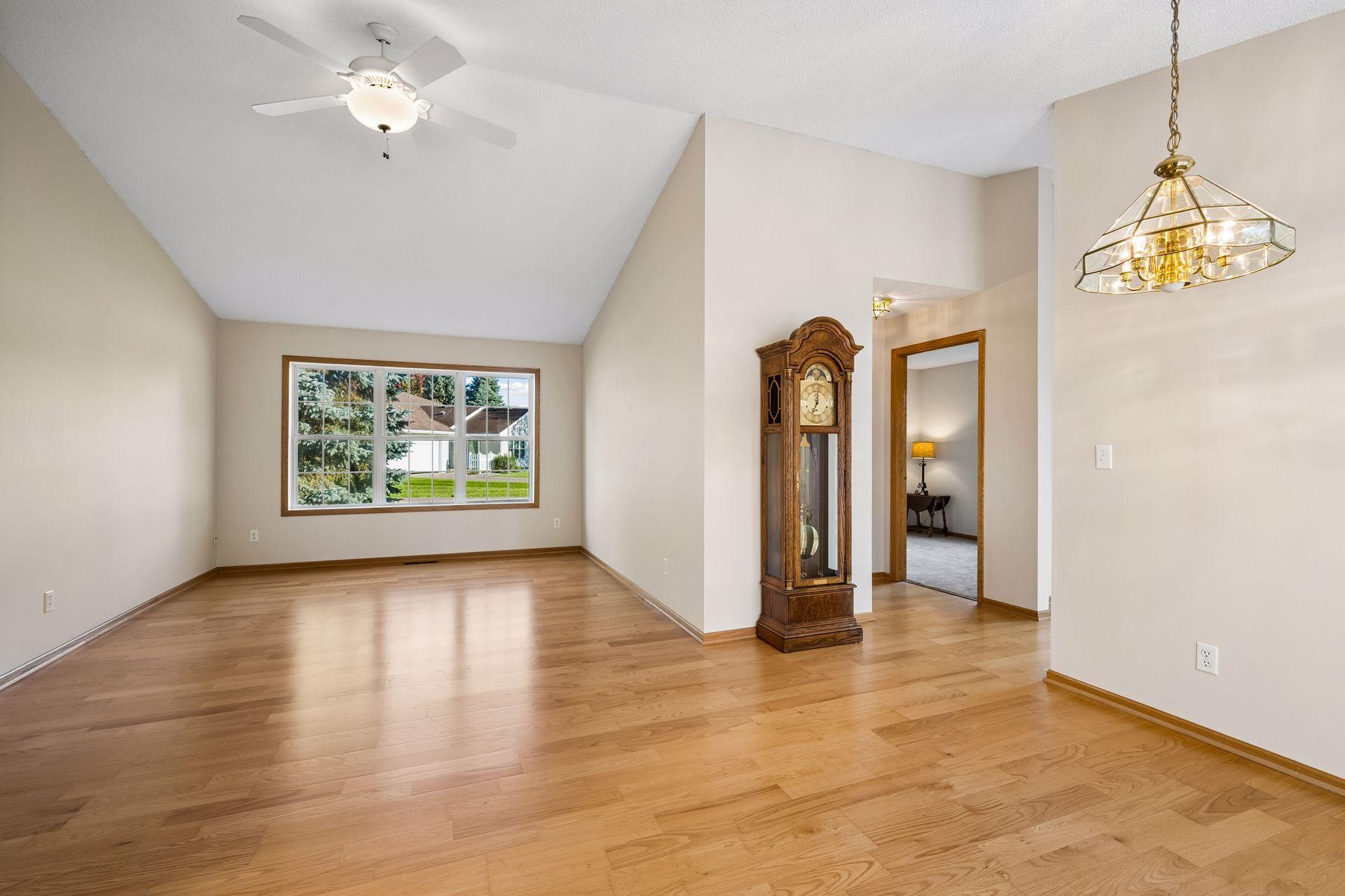 Vaulted ceilings and hardwood floors throughout the living areas.