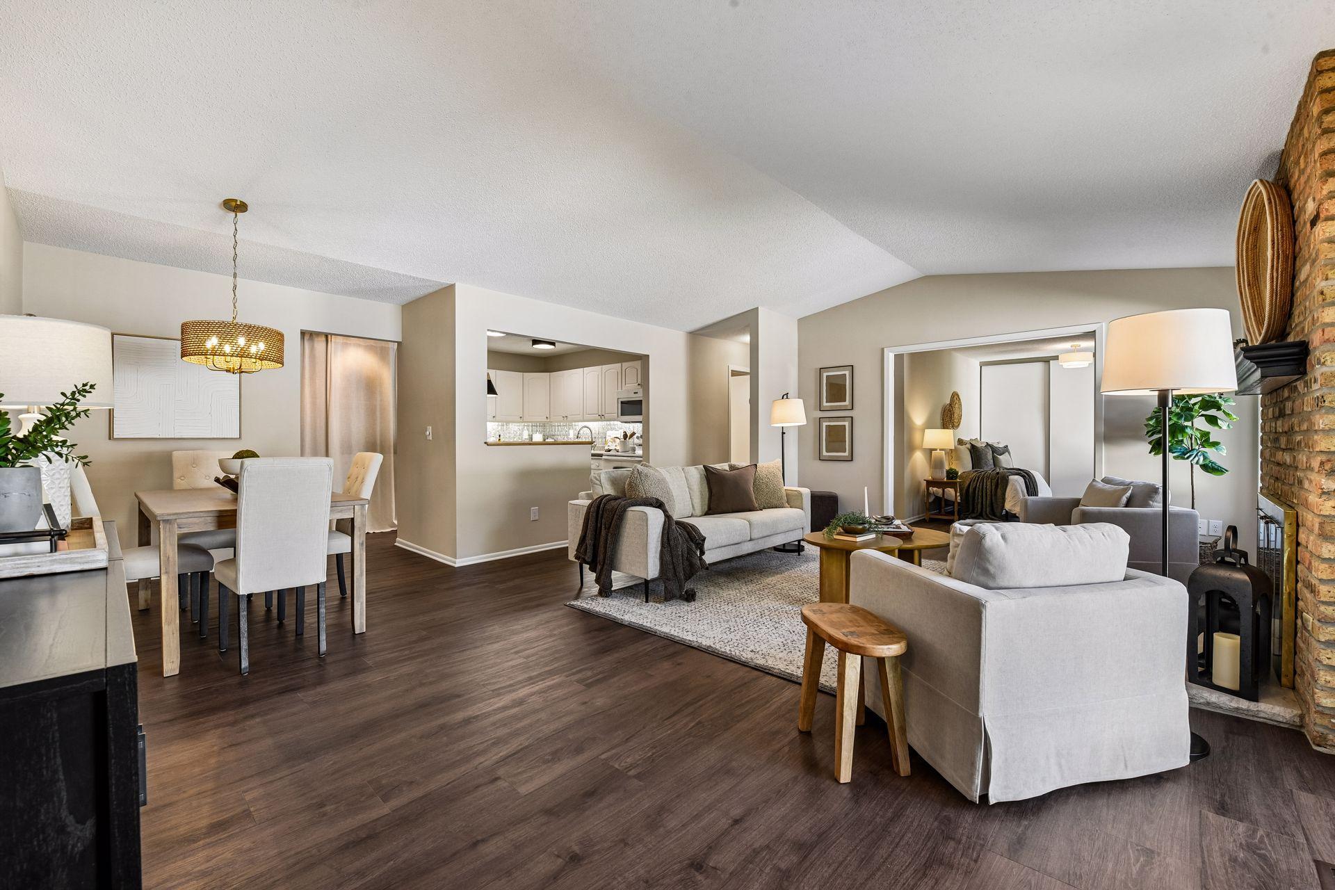 Entry and living room open to dining