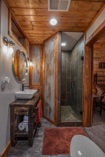 Additional view of lower level bathroom with tin accent walls with custom shower