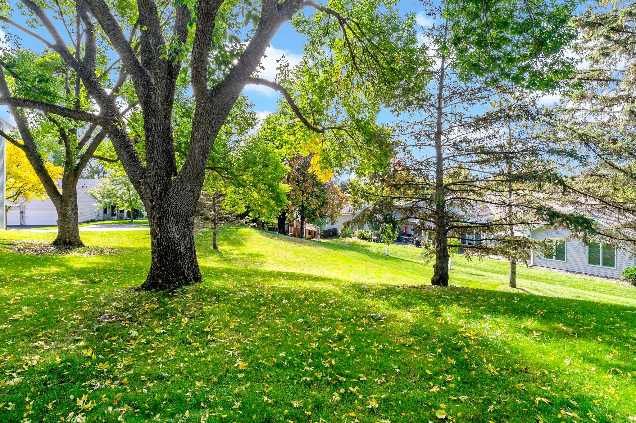 Enjoy the expansive shared green space just beyond the deck, surrounded by mature trees that create a peaceful, park-like setting with plenty of open lawn to enjoy.