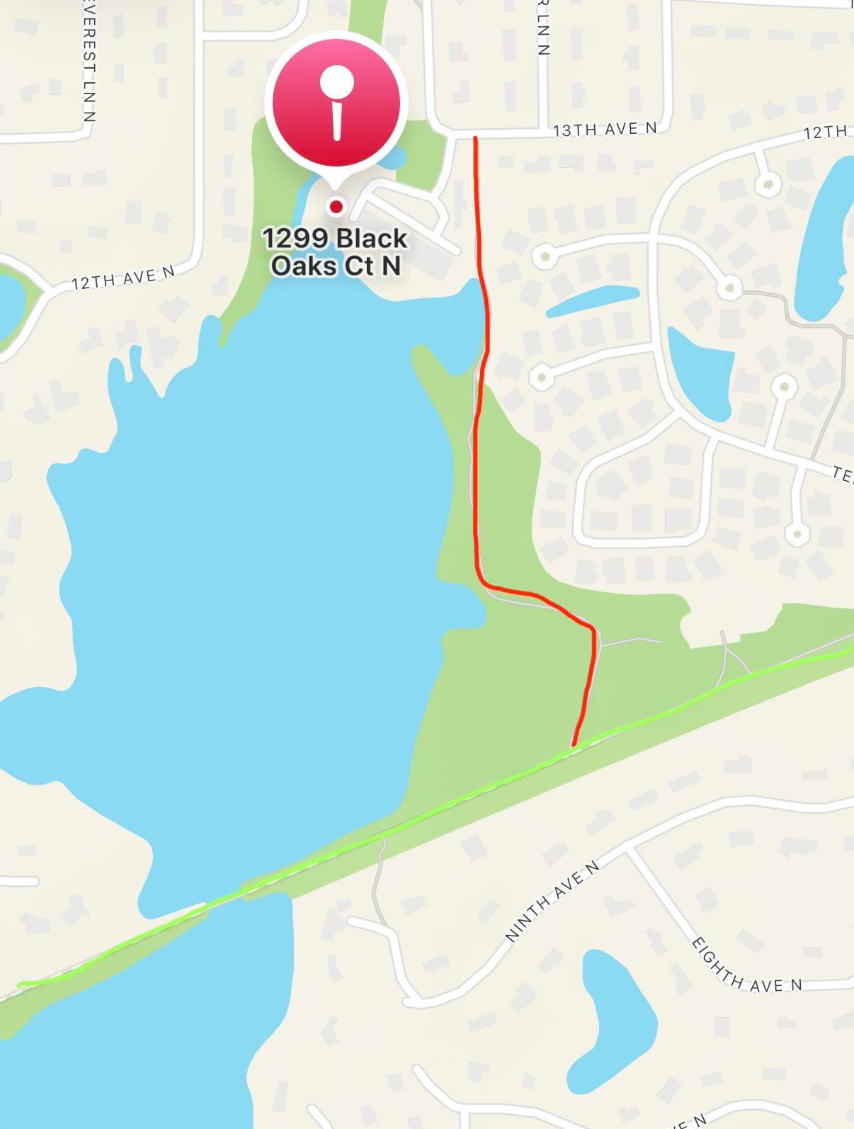 Paved neighborhood path in red connecting to the Luce Line Trail in green.