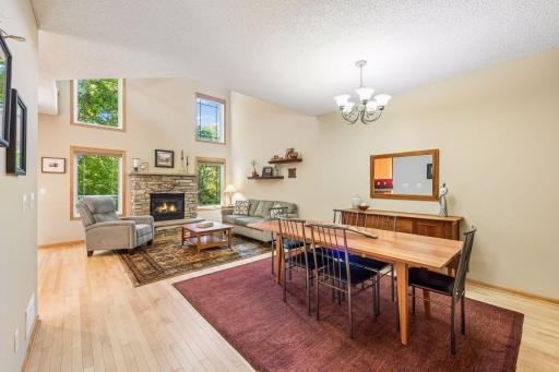The large stone fireplace is the focal point of the living room