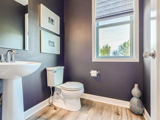 Photo is of the actual home. Powder room on the main floor has a cute flair with name brand faucets and fixtures.