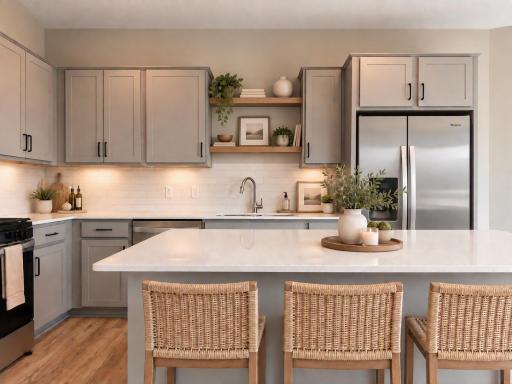 The kitchen island offers additional seating and storage and features a beautiful quartz countertop. Photo of model home, colors and finishes will vary.