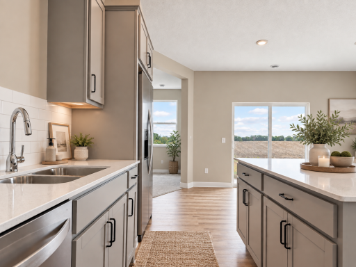 From this view of the kitchen, you can see the additional storage in the island and the beautifully tiled backsplash around the perimeter. Photo of model home, colors and finishes may vary.