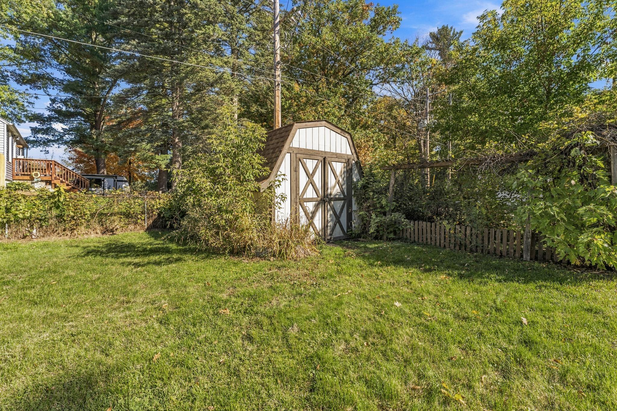 Storage shed in fenced back yard