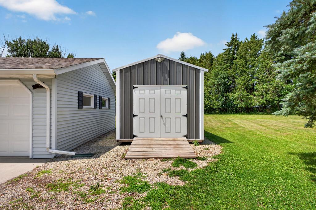 New storage shed has electricity hooked up.