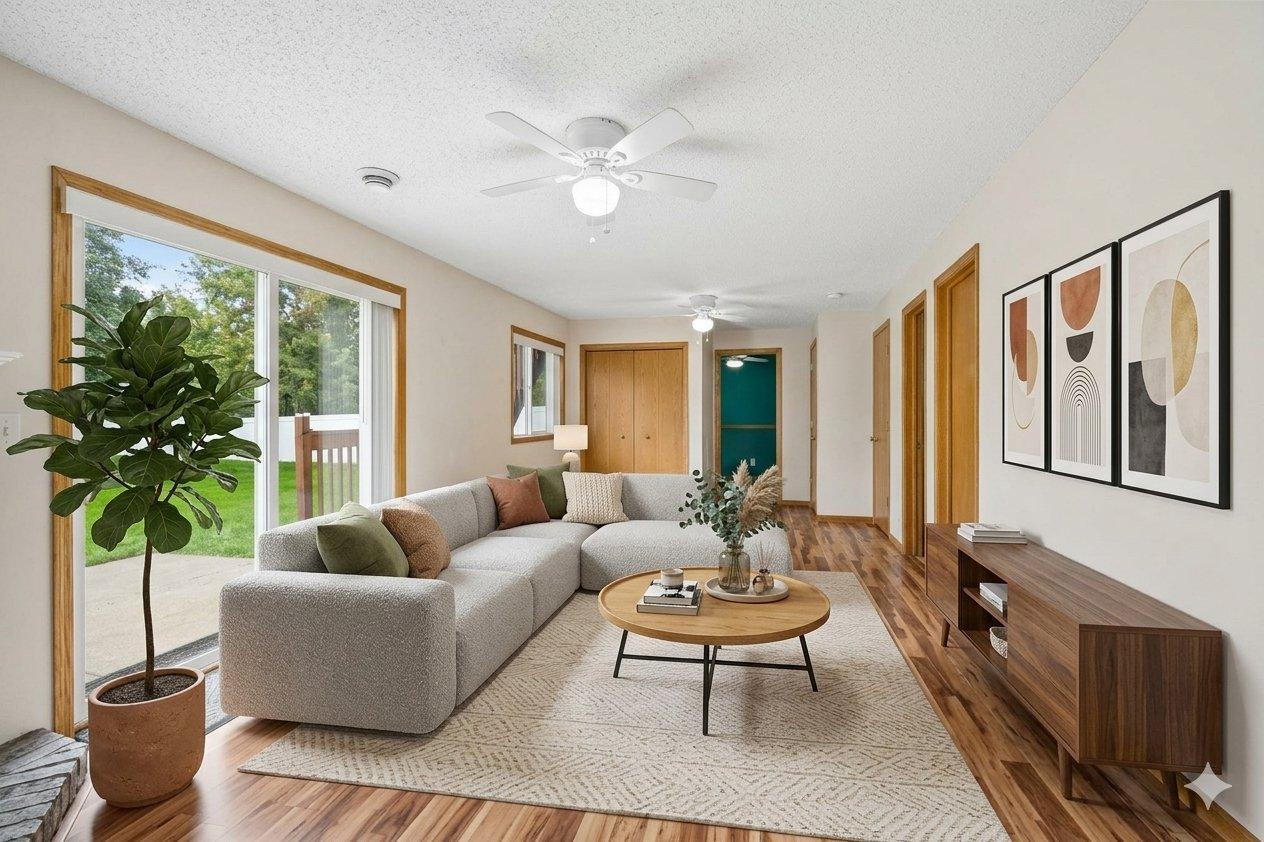 Virtually staged lower level rec room.