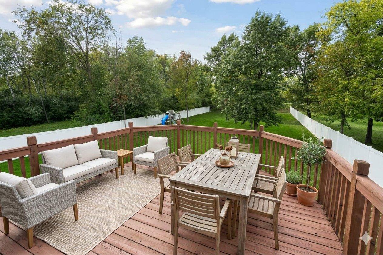 Large spacious deck overlooking private backyard setting. Perfect for grilling and relaxing