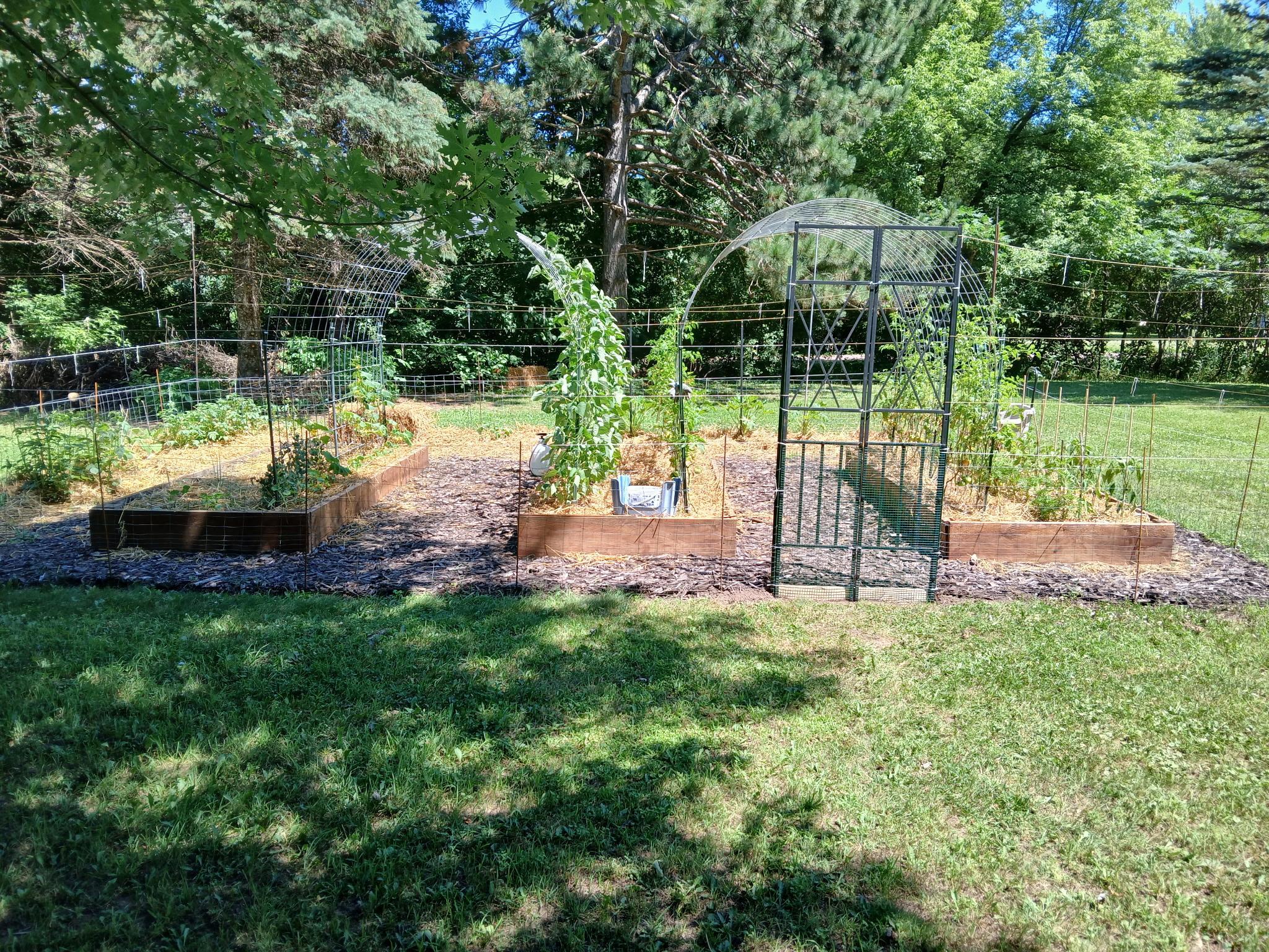 Fenced garden area featuring multiple raised planting beds, garden arches, and room to grow your favorite vegetables, herbs, and flowers.