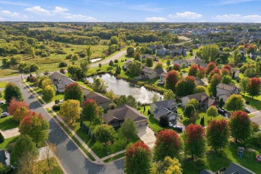 This aerial showcases the pond in the corner of the backyard