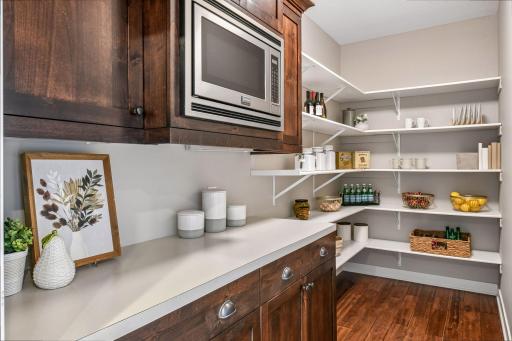 Generous walk-in pantry with additional cabinetry, countertop workspace, and conveniently-located microwave.
