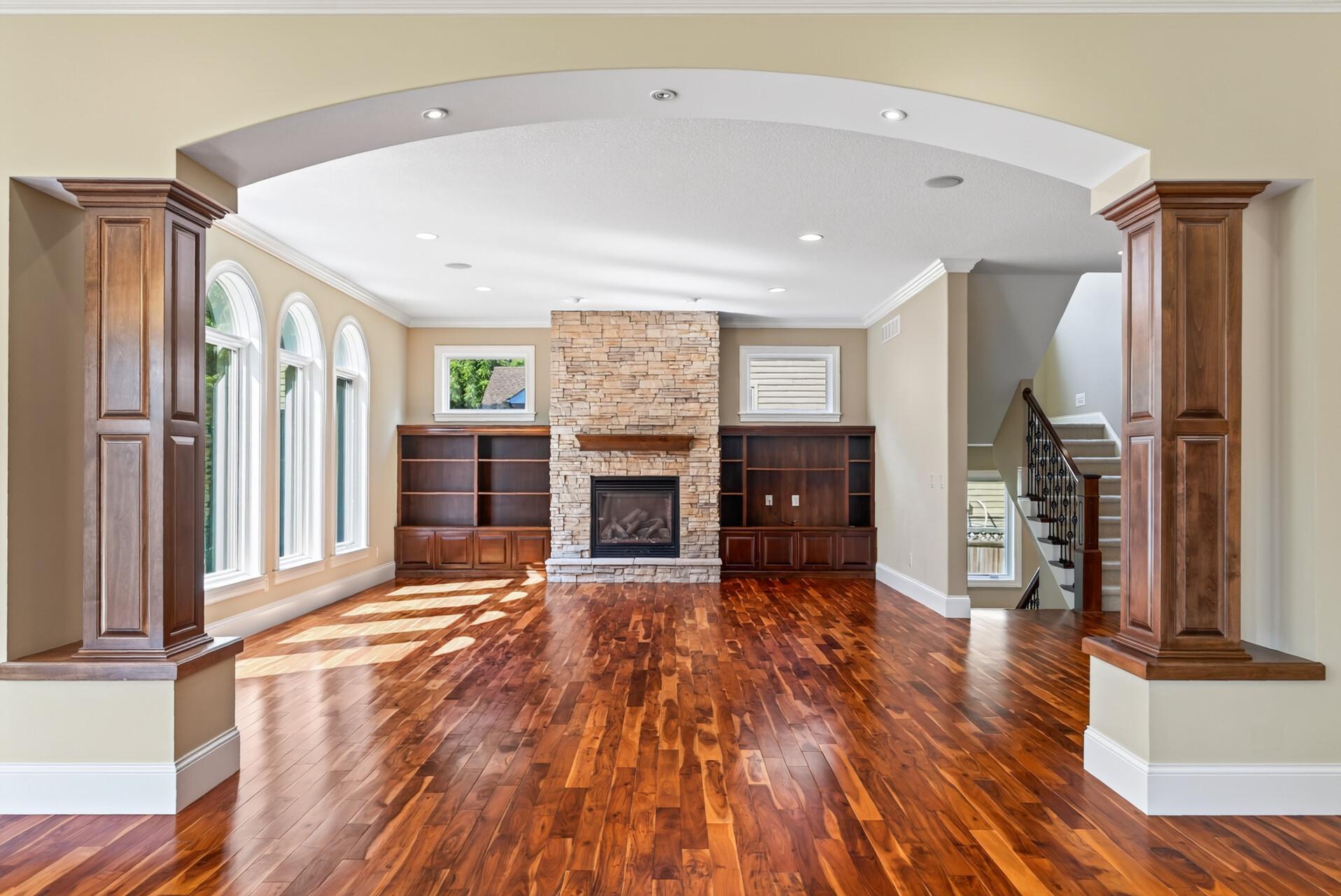 Crown molding and architectural details elevate the room while maintaining a comfortable, welcoming atmosphere.
