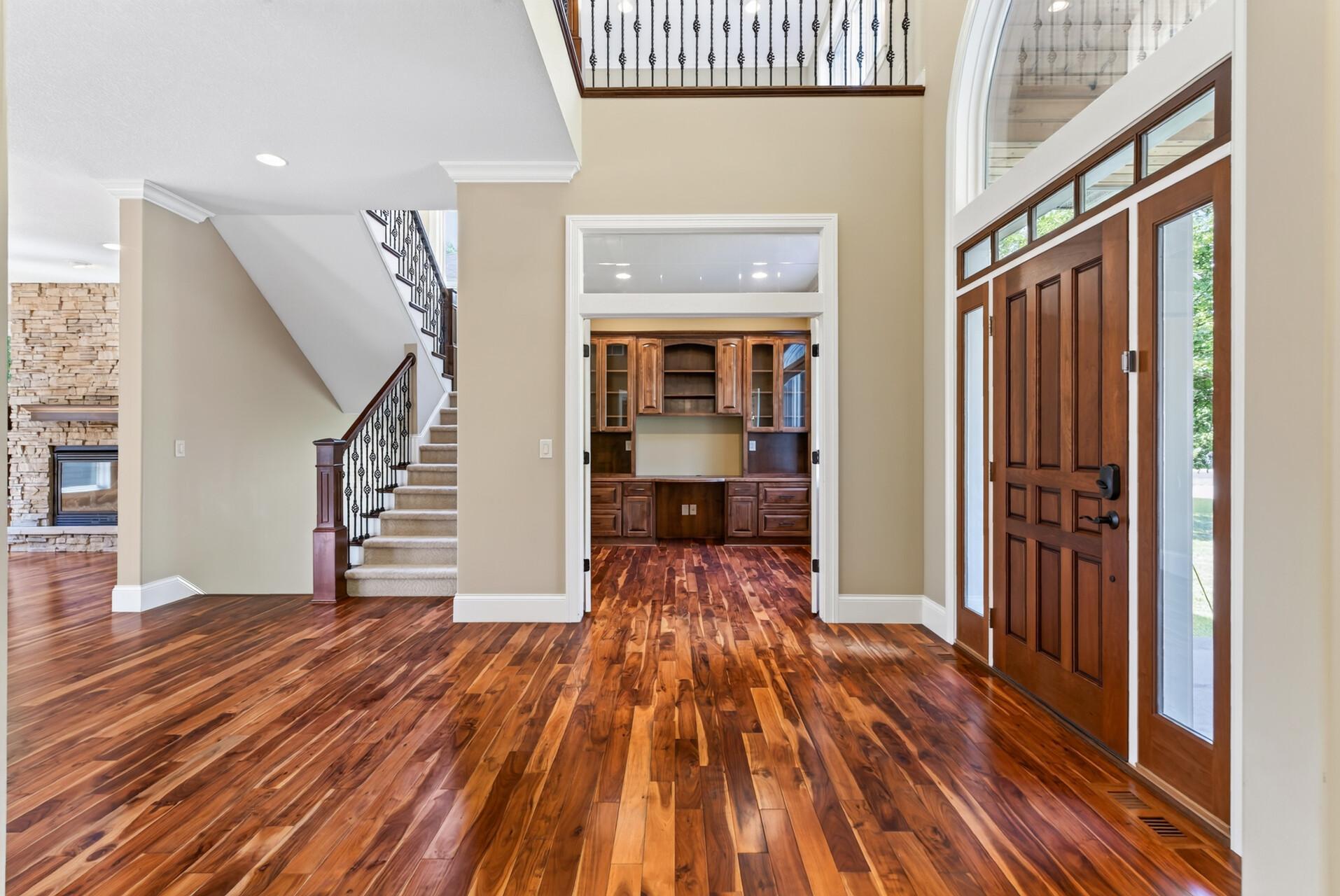 Positioned at the front of the home, the private office pairs function with exceptional craftsmanship.