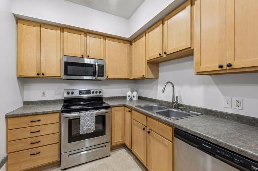 Well-designed kitchen with generous cabinet storage, ample counter space, double-basin sink, and stainless steel range, microwave and dishwasher.