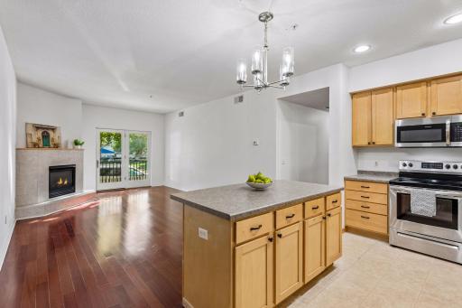 Freshly painted, move-in ready condo featuring convenient one-level living, an open-concept floor plan, gas fireplace, and spacious kitchen with center island and stainless steel appliances.