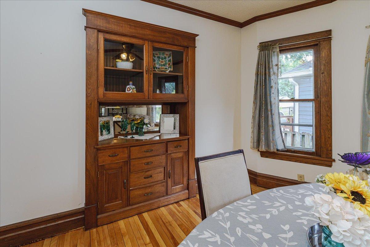 A beautiful built-in buffet offers display shelving, drawers, and timeless craftsmanship.