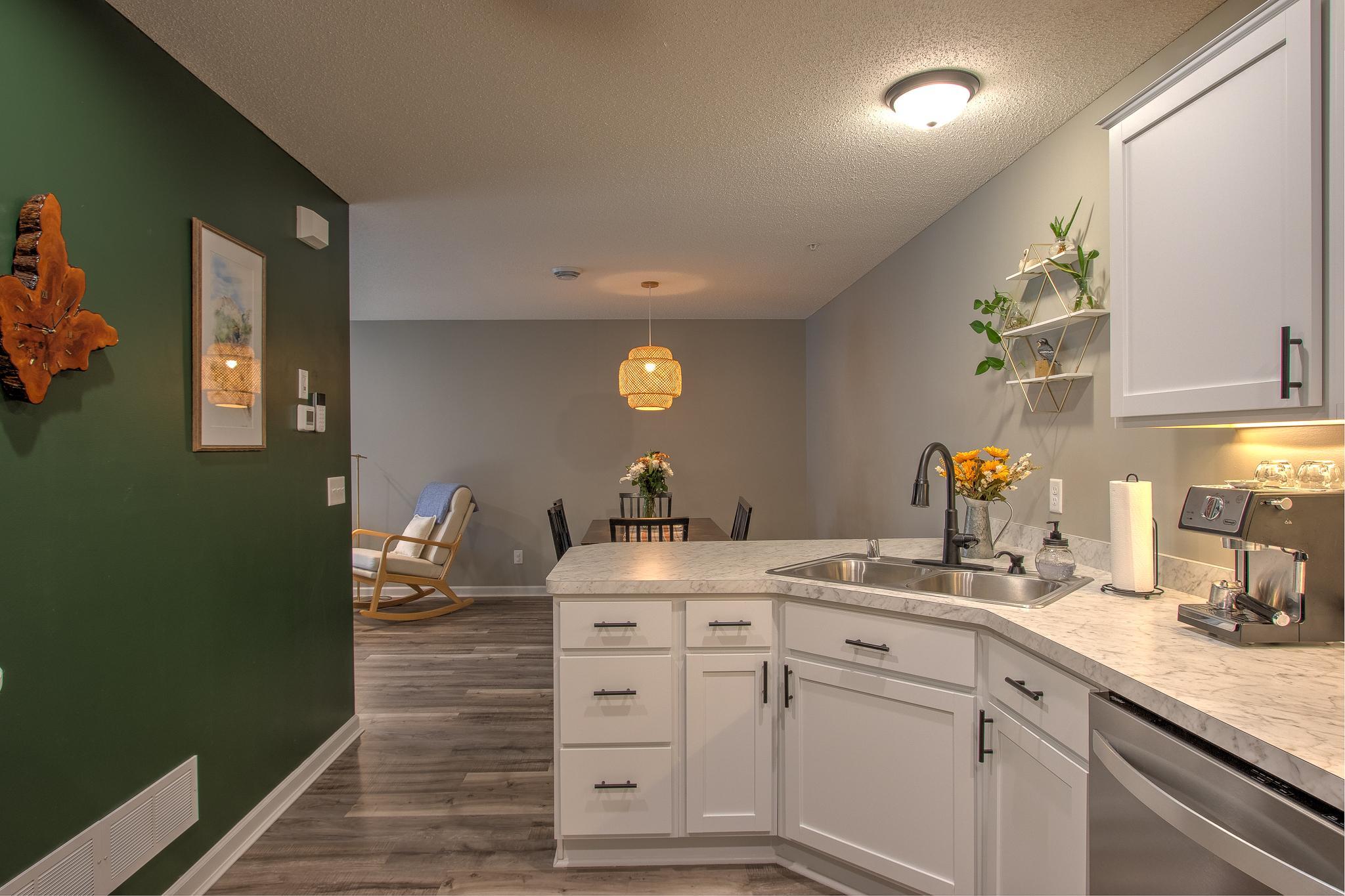 View from kitchen to quaint dining area