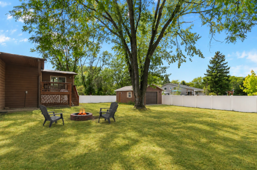 Huge fenced backyard with fire pit vibes, mature trees & plenty of space to chill!