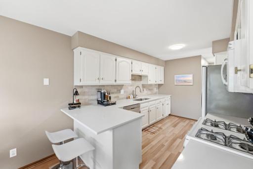 Custom updated kitchen: quartz counters, stainless sink & appliances, custom tile backsplash, and elegant flooring