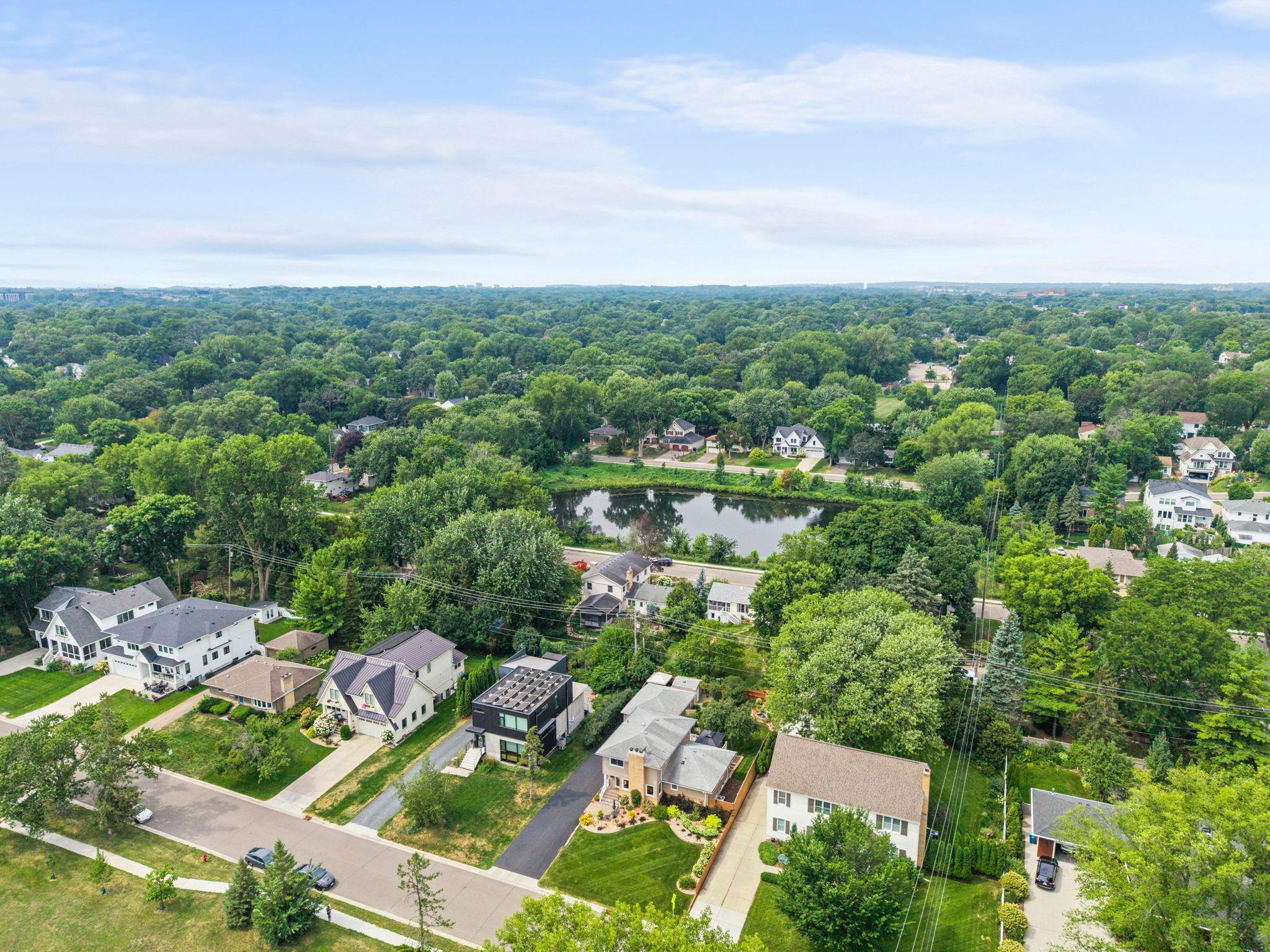 Bird's-eye view of the sought-after Morningside neighborhood, showcasing the mature tree canopy.