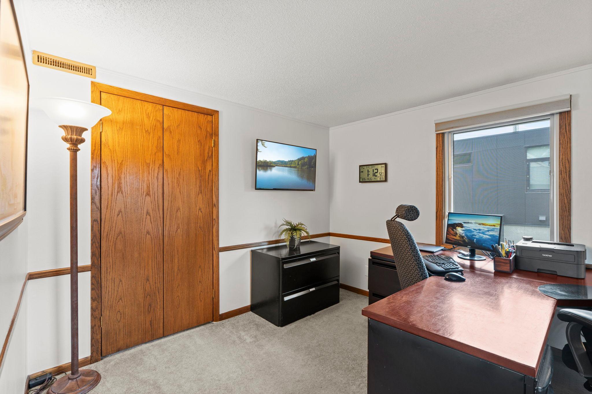 A dedicated home office nook offers a quiet, functional space for remote work.
