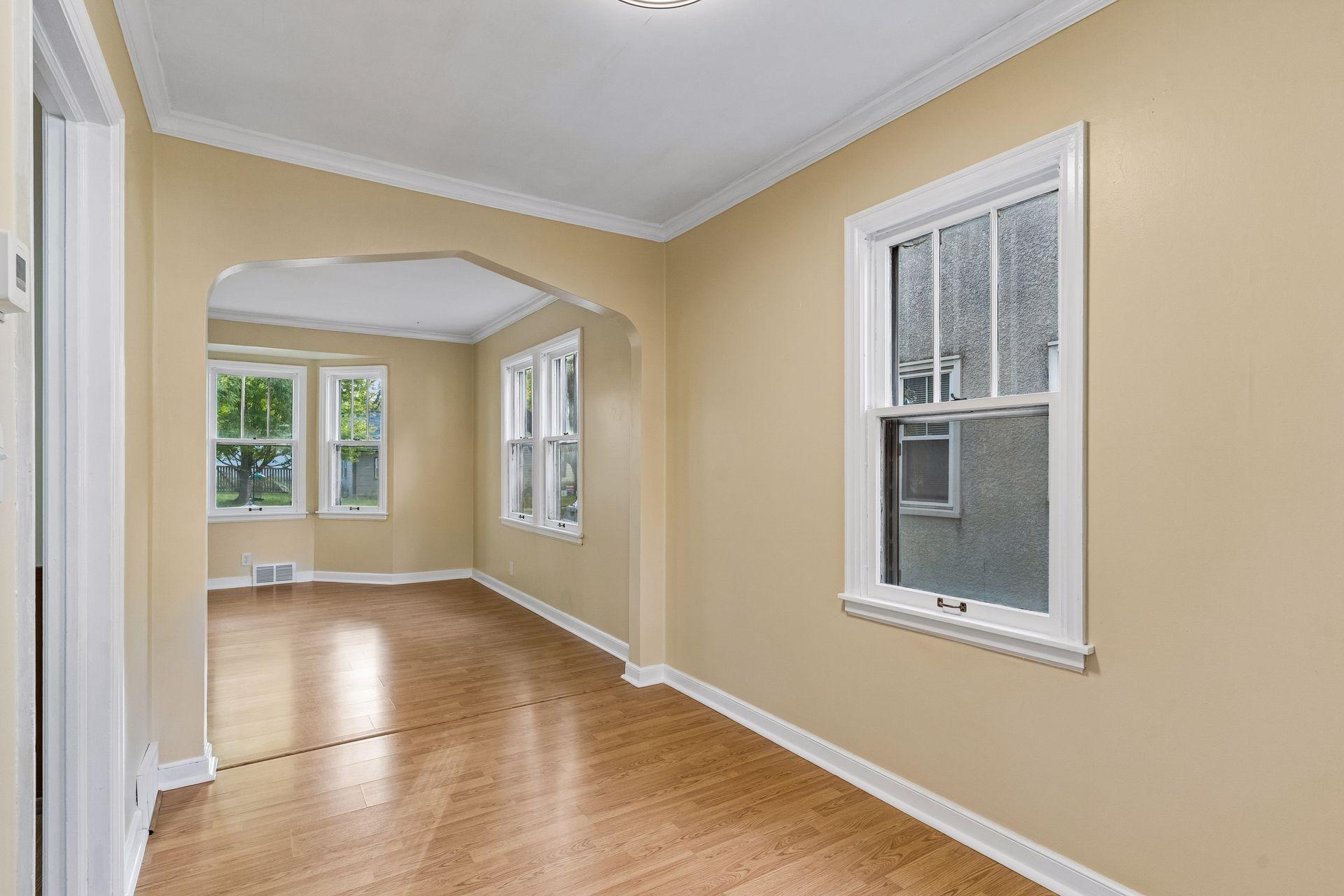 Another view of the dining room looking out onto the bay window.
